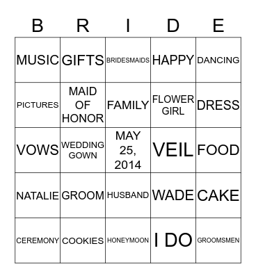 NATALIE'S BRIDAL SHOWER  Bingo Card