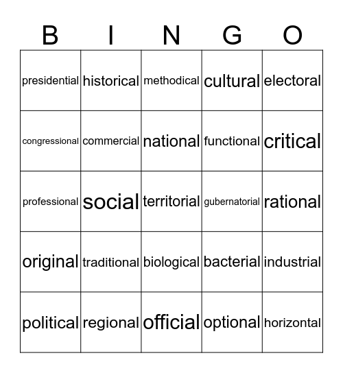 Words ending in -al Bingo Card