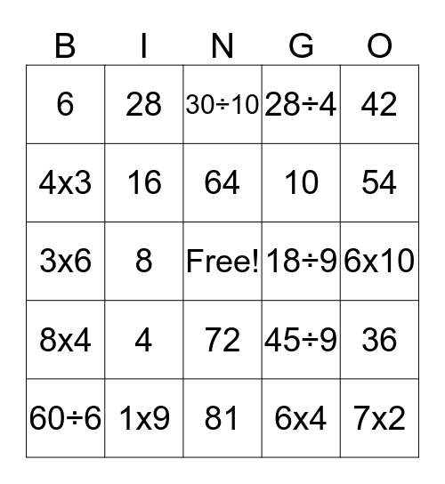 Equation Bingo Card