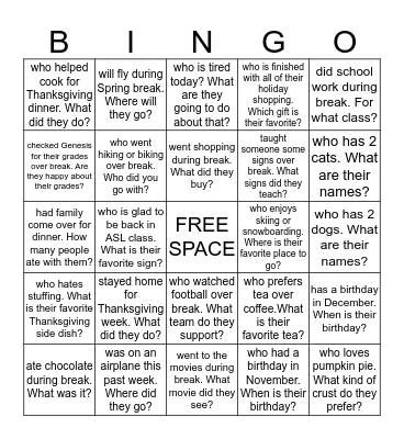 Thanksgiving Weekend Chat BINGO! Bingo Card