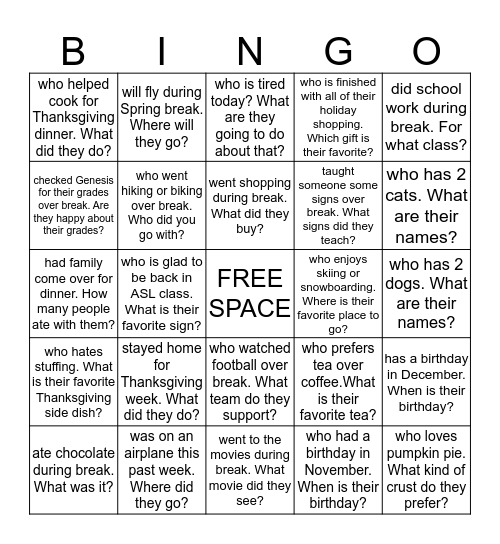 Thanksgiving Weekend Chat BINGO! Bingo Card