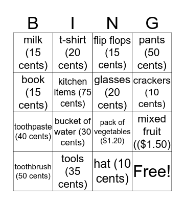 Poverty Bingo Card