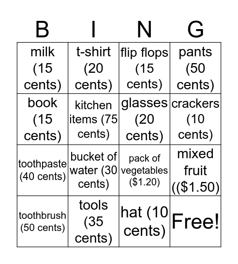Poverty Bingo Card