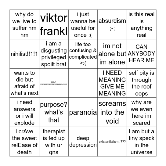 existential crisis bingo Card