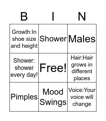 Puberty Bingo Card