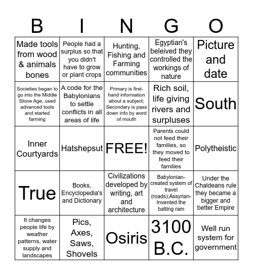 H I S T O Bingo Card