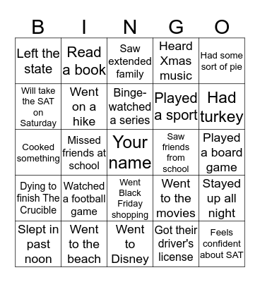 Welcome Back!  Bingo Card