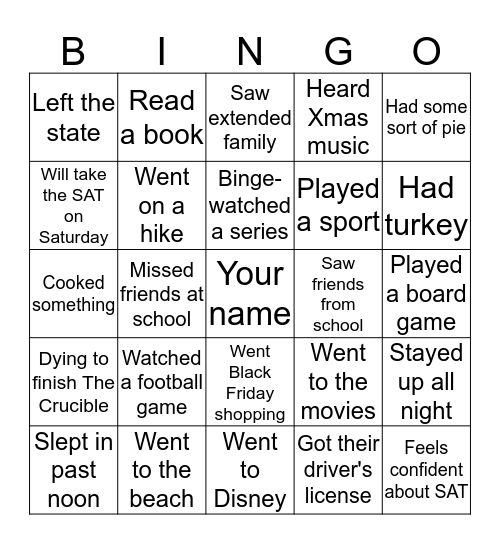 Welcome Back!  Bingo Card