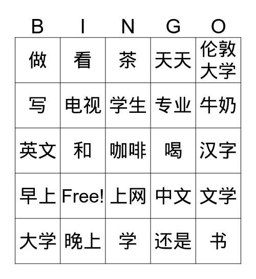 05他天天晚上都写汉字 Bingo Card