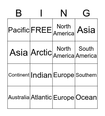 Continents and Oceans Bingo Card