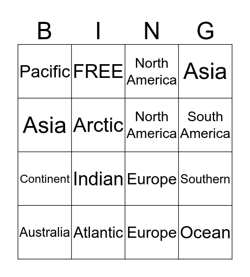 Continents and Oceans Bingo Card