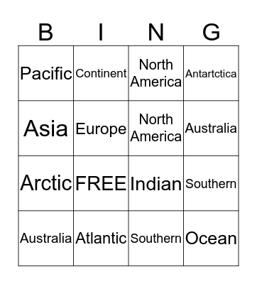 Continents and Oceans Bingo Card