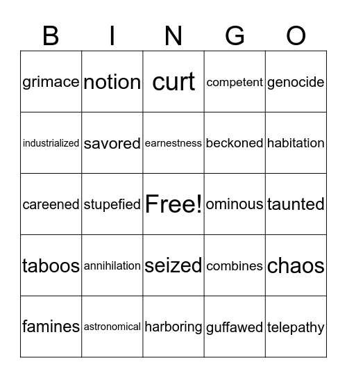 Among the Hidden Vocabulary Bingo Card