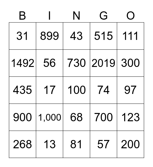 Spanish numbers to 1,000 Bingo Card