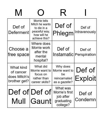 Death Bingo Morrie Edition Bingo Card