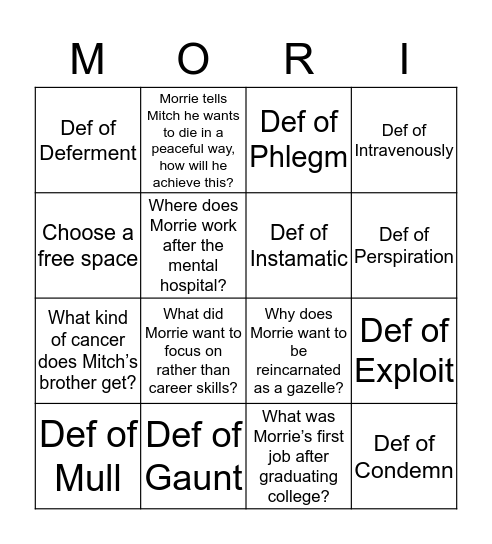 Death Bingo Morrie Edition Bingo Card