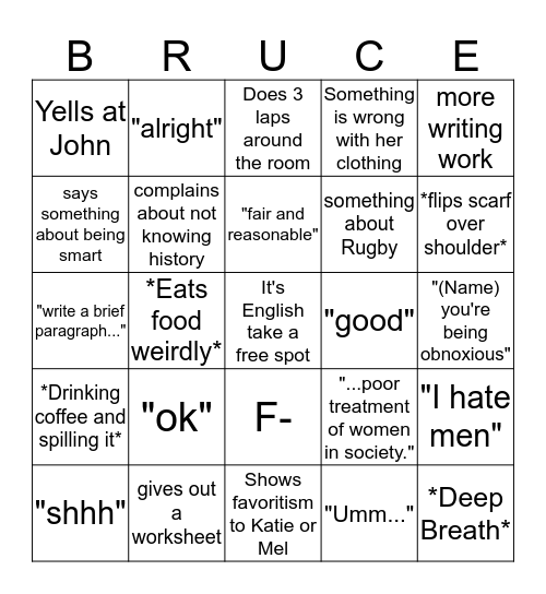 Ms. Bruce Bingo Card