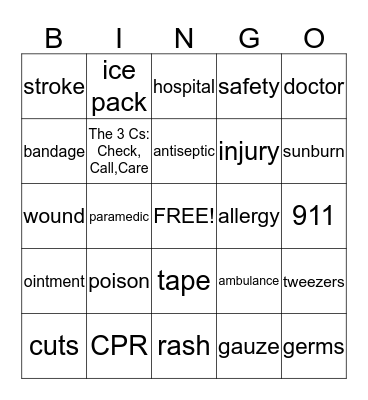 Webelos First Aid Bingo Card