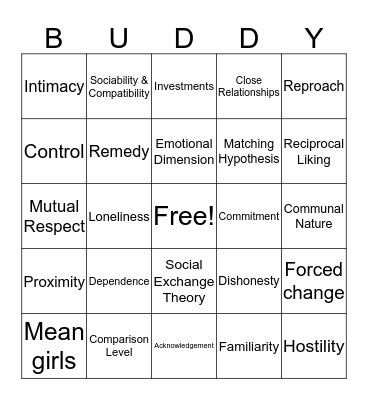 Love & Friendship Bingo Card