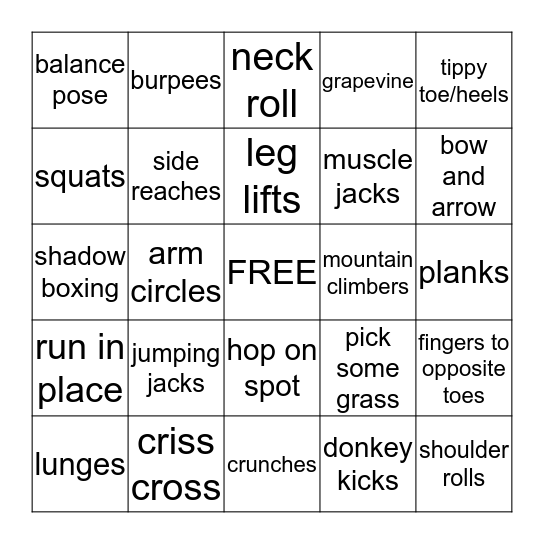 Exercise BIngo Card