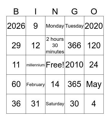 Calendar and Time Bingo Card