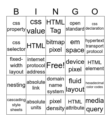 Web Design Vocab Bingo Card