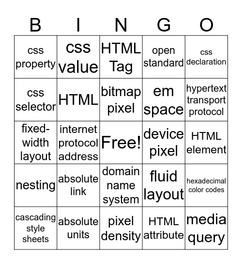 Web Design Vocab Bingo Card