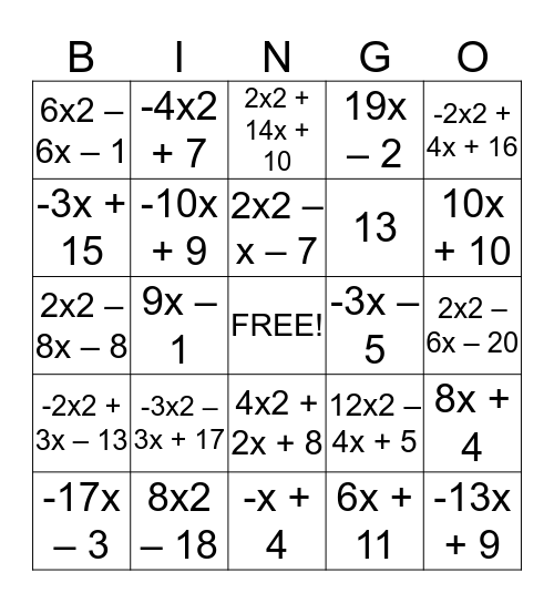 Adding and Subtracting Polynomials BINGO Card