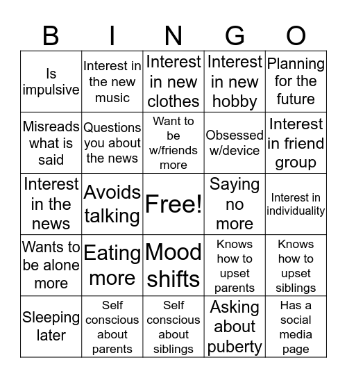 My Middle Schooler Bingo Card