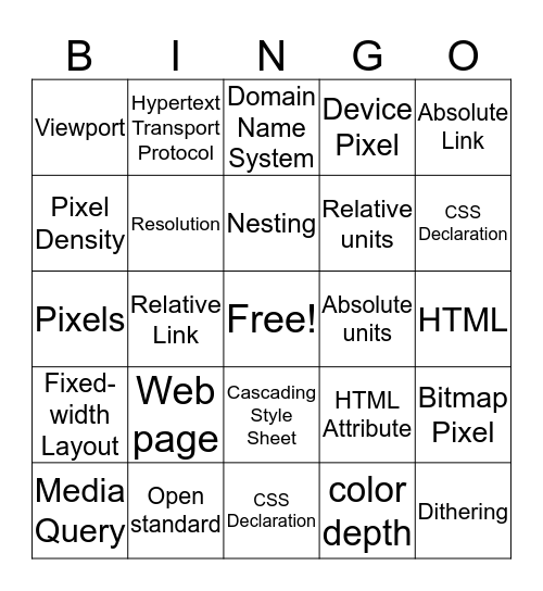 Web Design Vocab  Bingo Card