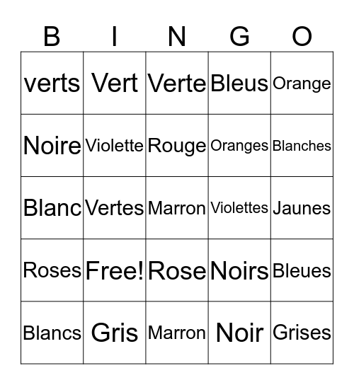 les couleurs Bingo Card