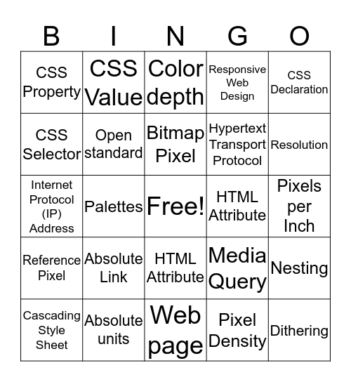 Web Design Vocabulary Bingo Card
