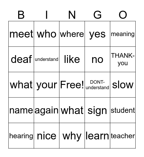 Lesson #1 BINGO Card