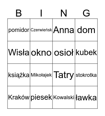 Rzeczowniki własne i pospolite Bingo Card