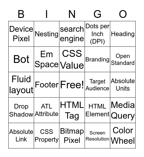 Web Design Vocab  Bingo Card