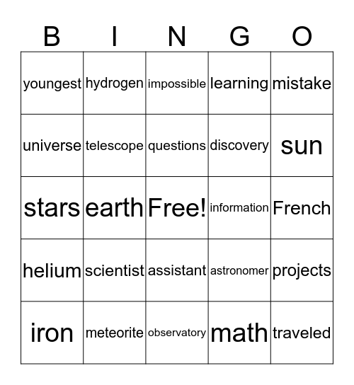 A SHINING STAR Bingo Card