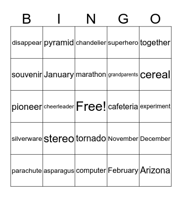 Vocalic /r/ 3+ syllables Bingo Card