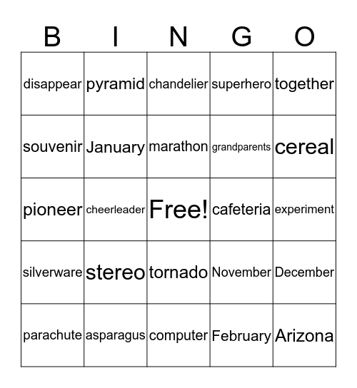 Vocalic /r/ 3+ syllables Bingo Card