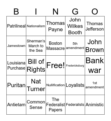 HIS103 Final Exam - Version 2019 Bingo Card
