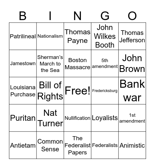 HIS103 Final Exam - Version 2019 Bingo Card