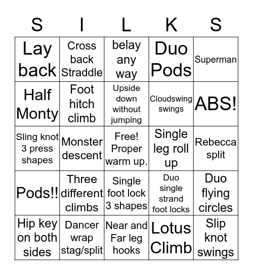 Tween/Teen Silks Bingo Card