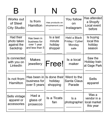 HOLIDAY HALFTIME BINGO!!! Find people in the room who match these characteristics and write their name in the box!  Bingo Card