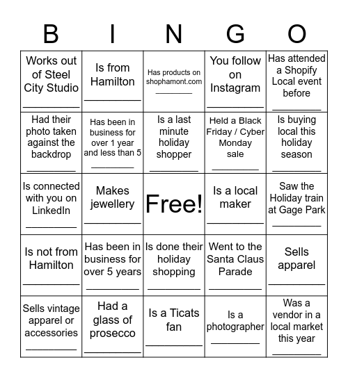 HOLIDAY HALFTIME BINGO!!! Find people in the room who match these characteristics and write their name in the box!  Bingo Card