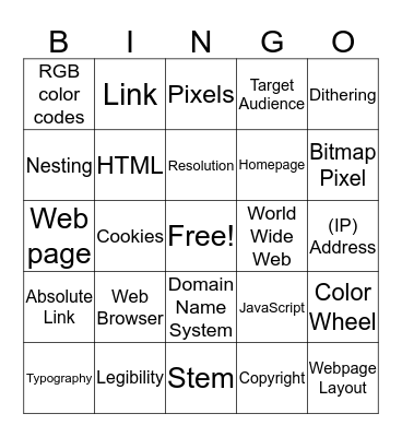 Web Design Vocab Bingo Card