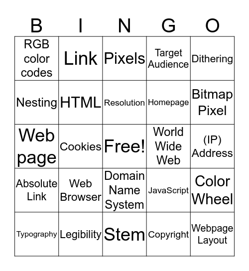 Web Design Vocab Bingo Card