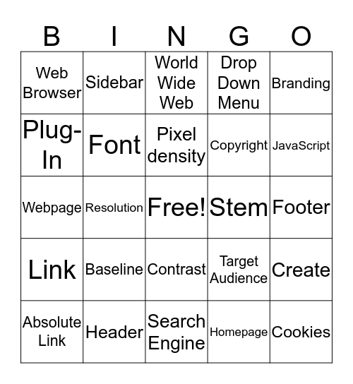 Web Design Vocabulary Bingo Card