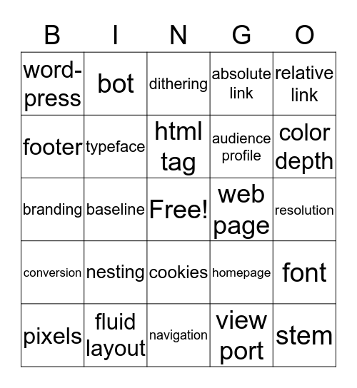 web design vocab.  Bingo Card