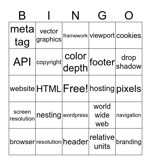 web design vocab Bingo Card