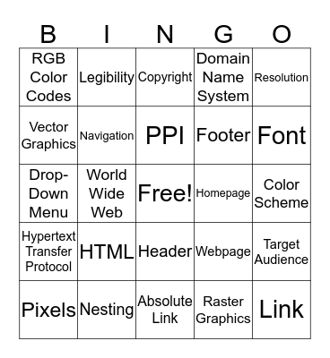 Web Design Vocab Bingo Card