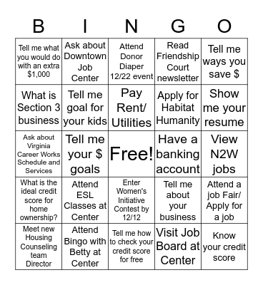 Community Wealth Building @ Friendship Court 12/2019 Bingo Card